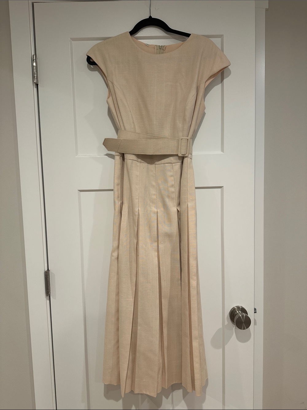 Vintage 80s Pleated Linen Look Dress *Size 10* Short Sleeve Belted Midi Dress
